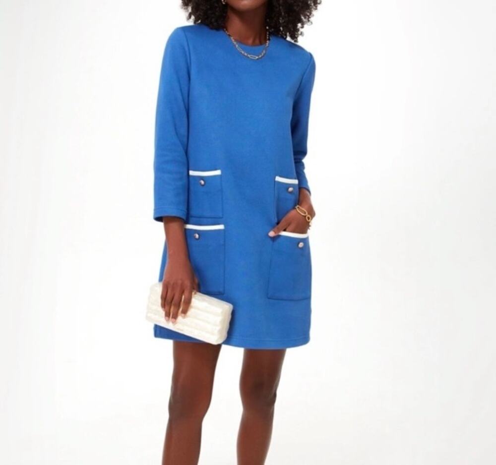 Tuckernuck NWT Baleine Blue Francoise Mod Mini Dress Pockets 3/4 Sleeve Shift